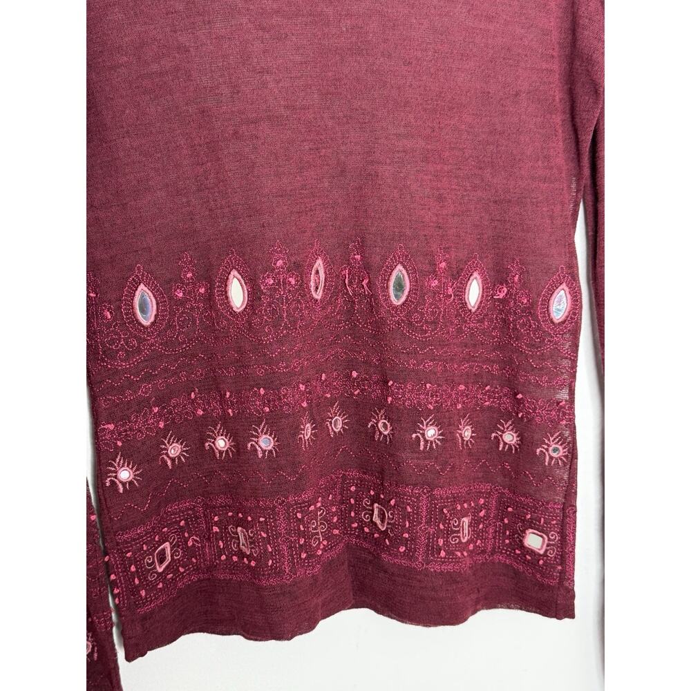 Karen Millen Women's Maroon Embroidered Mesh Sheer Boho Blouse Size 10 - Picture 4 of 10
